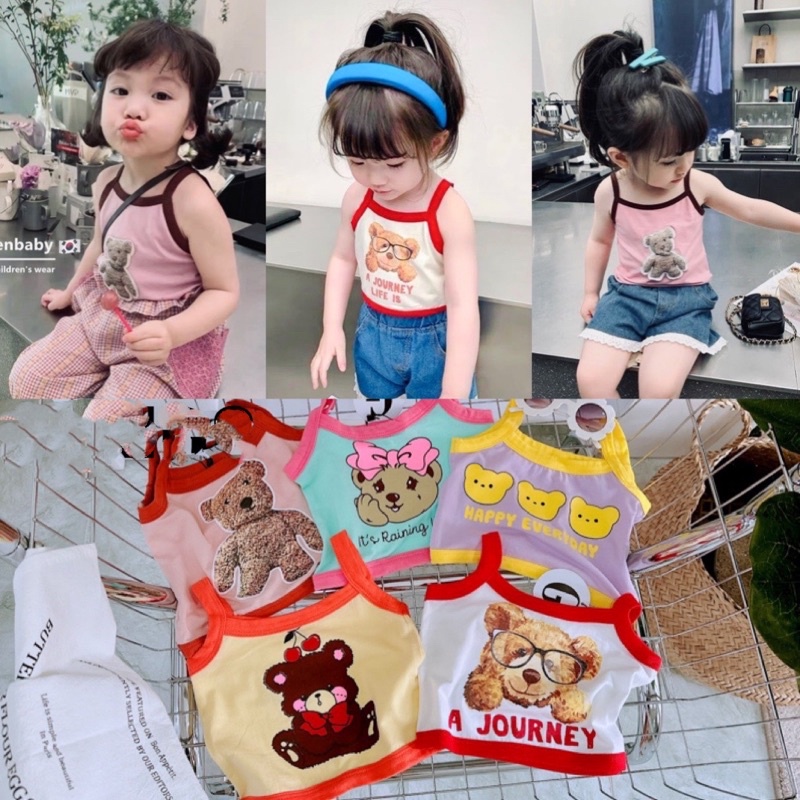 ( Cotton SG chính phẩm) Áo dây bé gái chạy viền Gấu siêu cưng giành cho bé gái 9-28kg