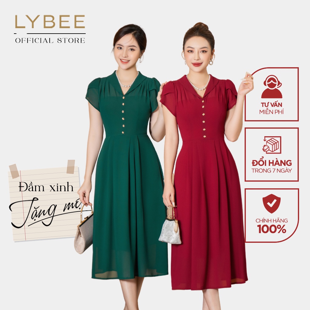 Đầm trung niên nữ thiết kế LYBEE LVV004 quà tặng cho mẹ chất voan tơ cao cấp tay lỡ dự tiệc cực sang trọng