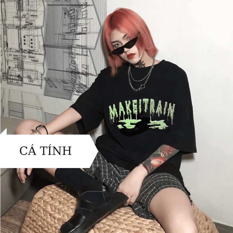 Áo phông cotton MAKEITRAIN chữ xanh độc lạ kiểu dáng mới phom rộng nam nữ, áo đôi đẹp, áo unisex rộng thoải mái