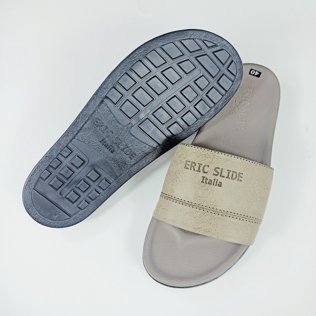 Dép Nam Quai Ngang Họa tiết chữ Eric Slide da bò nhập khẩu, đế chống trượt