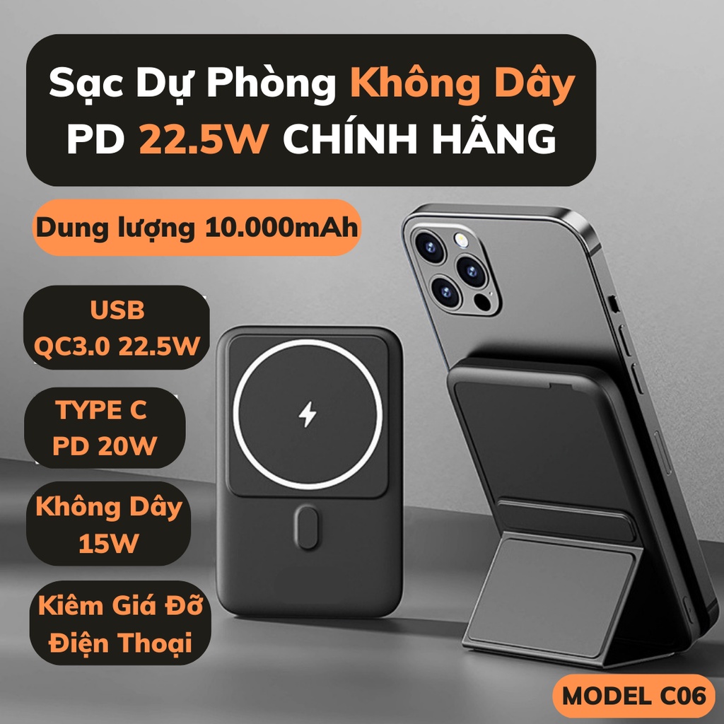 Pin Sạc Dự Phòng Không Dây 10000mah sạc nhanh PD 22.5W - HÀNG CHÍNH HÃNG - Sạc dự phòng mini từ tính