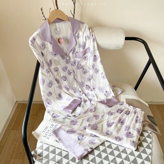 Pyjamas lụa cao cấp tay dài quần dài hoa tulip màu pastel thơ mộng leuleu.lingerie