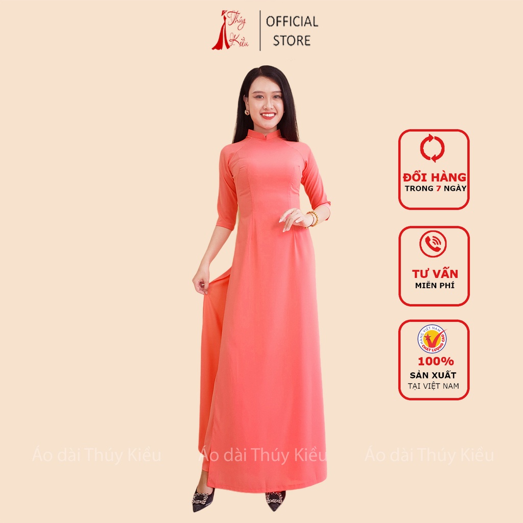 Áo dài trơn lụa Nhật cổ 2 phân màu hồng đào cam AK20-vững trần