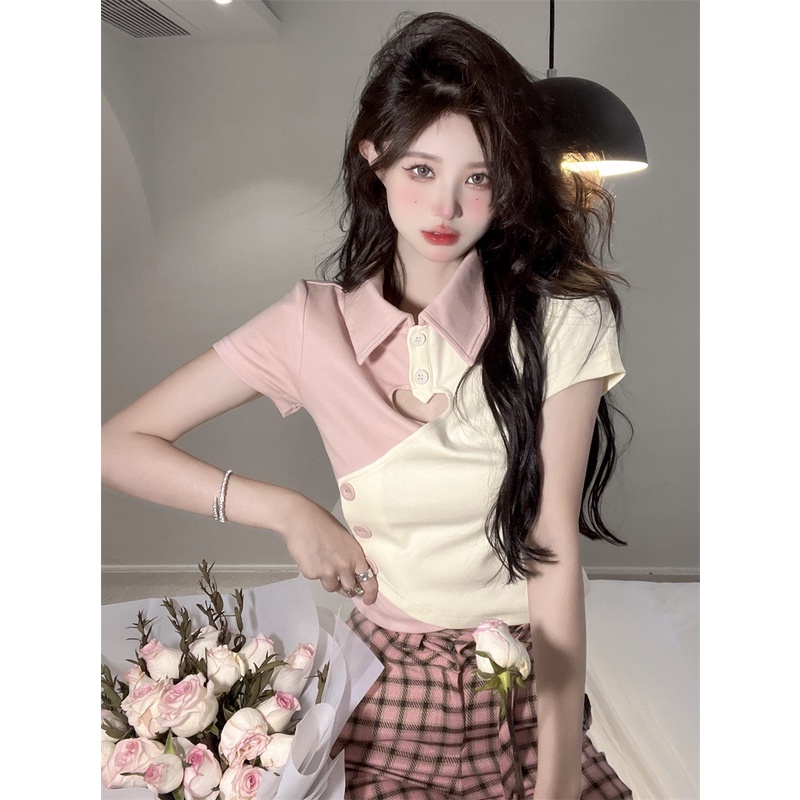 Áo polo Tay Ngắn In Hình Trái Tim Khoét Lỗ Thời Trang Cho Nữ