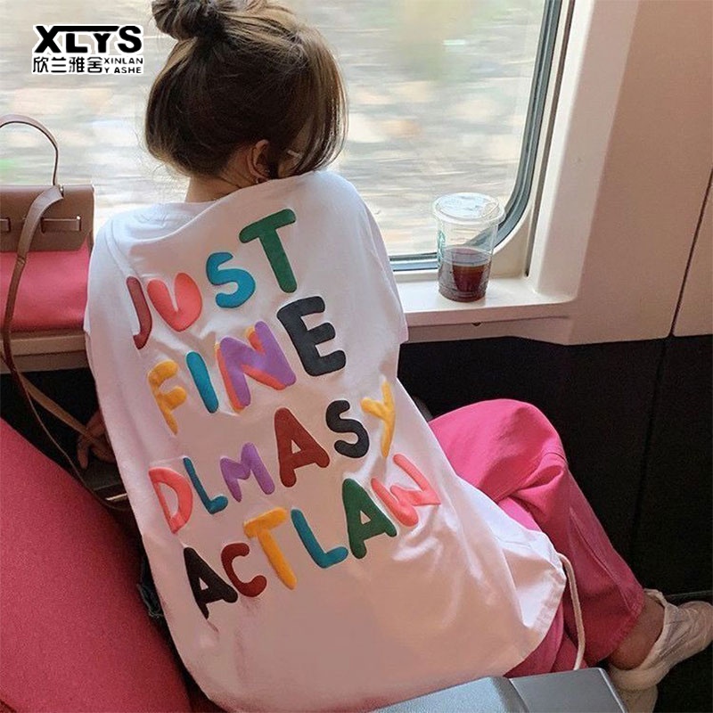 Áo thun XINLANYASHE tay ngắn in họa tiết chữ thời trang Hàn Quốc cho nữ