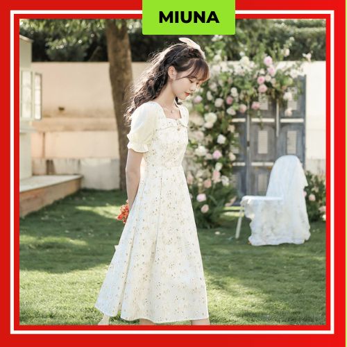 (Thanh lý) Váy Hoa Nhí Miuna Cổ Vuông Tay Lỡ Phong Cách Vintage, Đầm Midi Tay Ngắn Dáng Dài Tiểu Thư, Váy Dự Tiệc