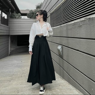 Áo sơ mi đũi croptop mix chân váy xếp ly kèm đai - TKCC SheTP