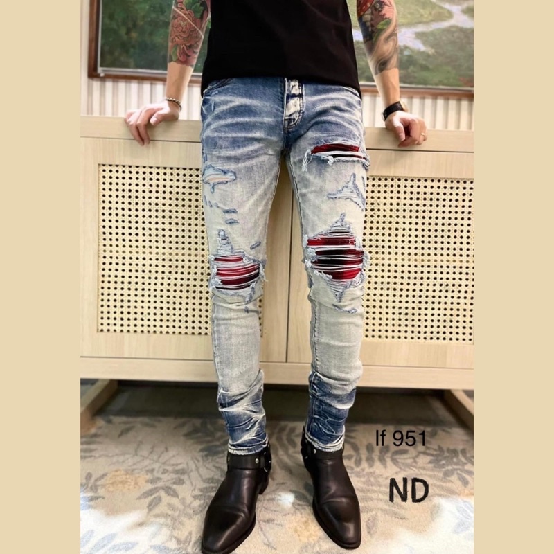 Quần Bò Nam 4 Khuy Like_Auth Xanh Khói Gối Vá Đỏ Quần Jean Nam Amiri Xanh Nhạt Mài Bạc Rách Xước Mẫu Hot