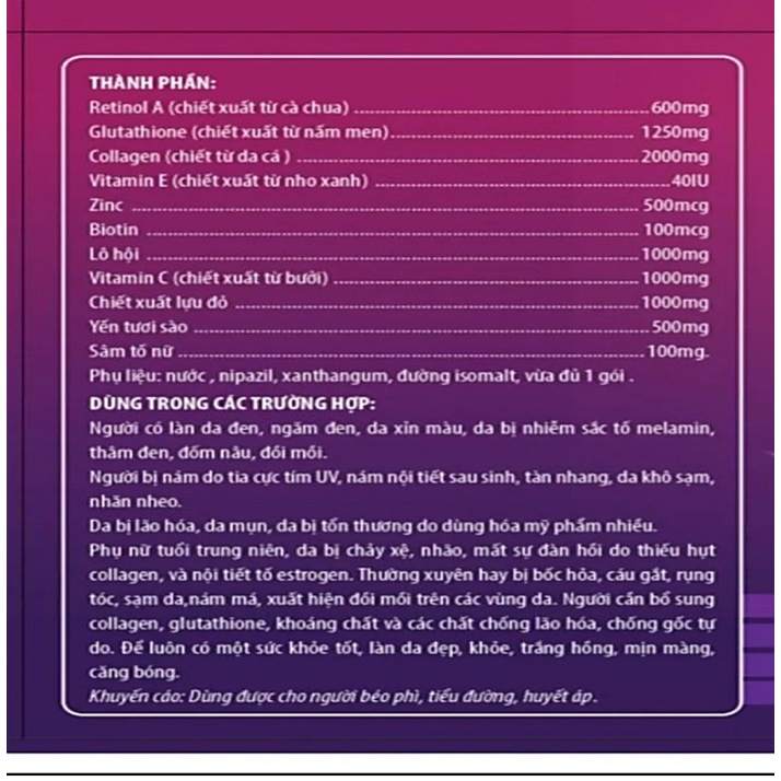 Nước uống trắng da collagen retinol A,giúp đẹp trắng da, chống lão hóa, giảm mụn, thâm đen, nám,tàn nhang- Hộp 20 gói