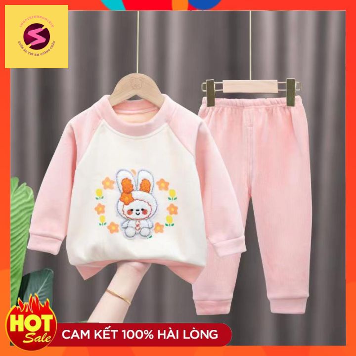 Bộ quần áo trẻ em thu đông,100% nhung thêu gấu, thỏ hàng quảng châu cao cấp bé trai bé gái từ7-30kg