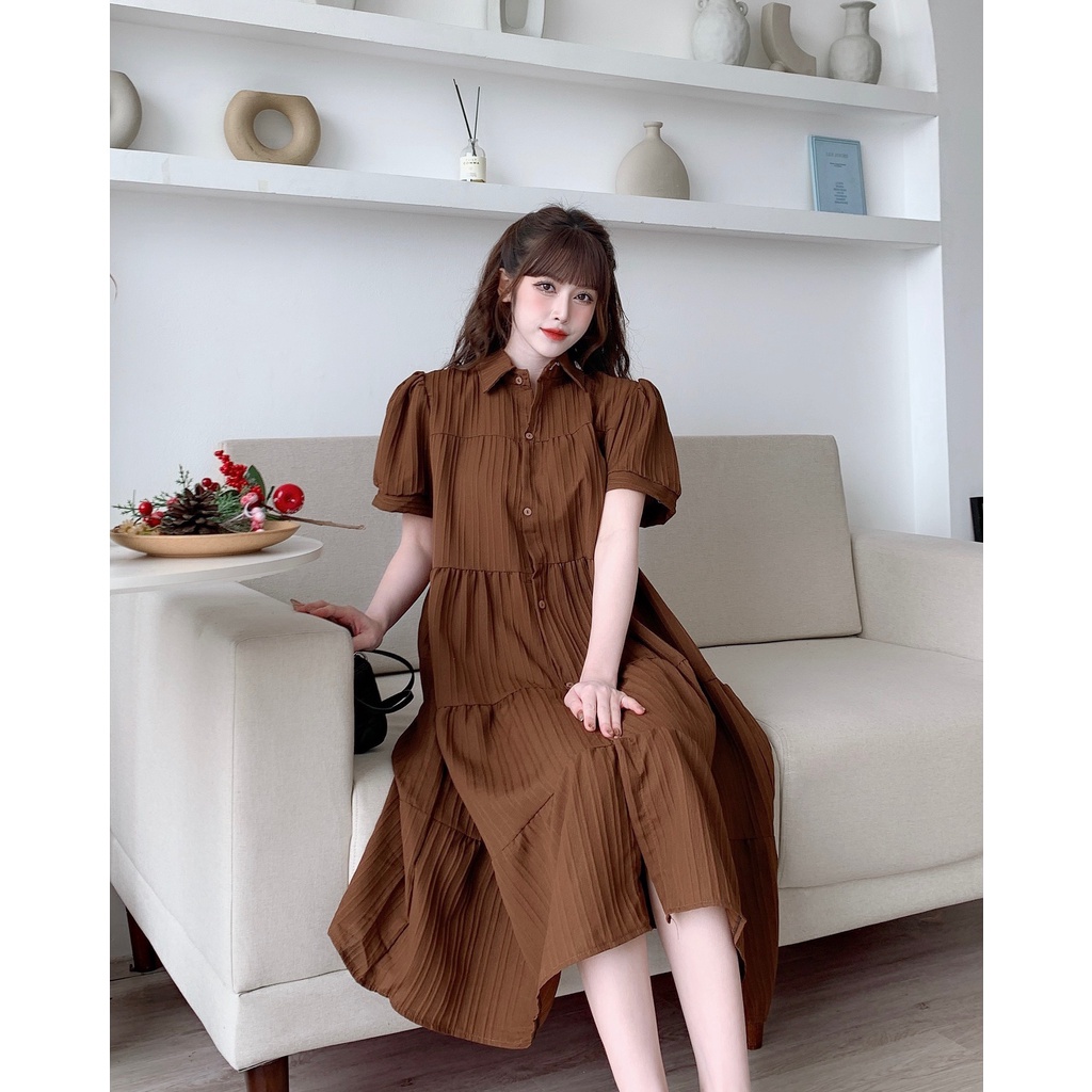Váy bầu thiết kế công sở cổ sơ mi mùa hè chất đũi gân đẹp cao cấp dáng suông V369