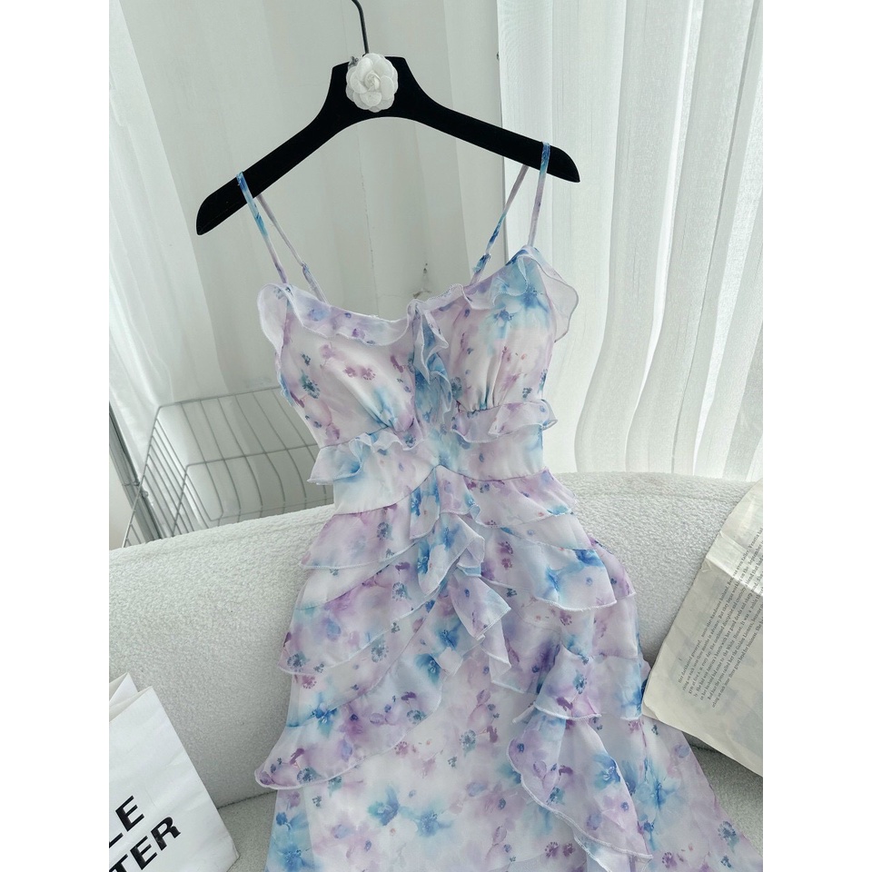 Đầm Váy Voan Hoa Tím  2 Dây Nhún Ngực Bèo Tầng