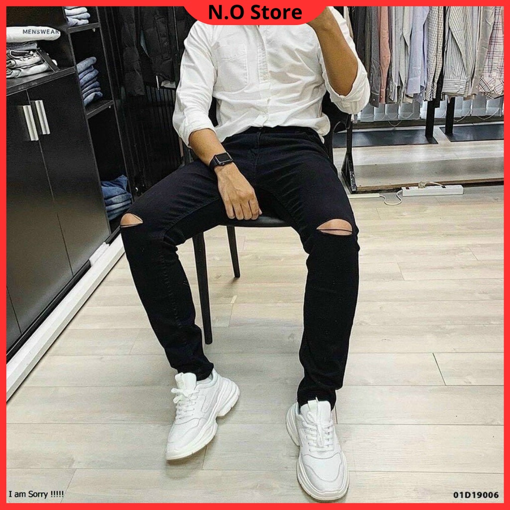 Quần jean nam rách gối màu đen chất bò cao cấp co dãn 4 chiều cực đẹp rin trơn from dáng skinny đẹp SHOP N.O Store