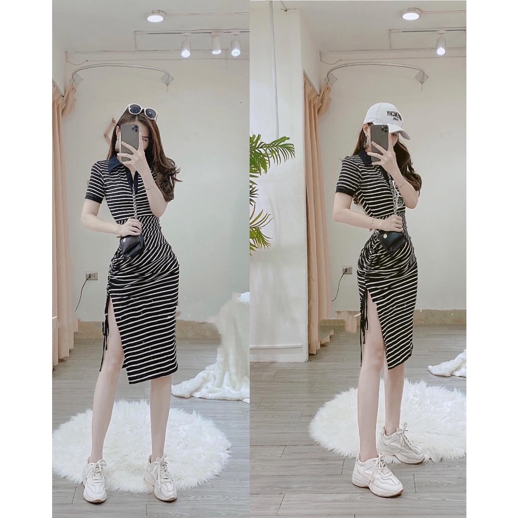 đầm tay ngắn cổ bẻ polo rút dây xẻ đùi 1 bên sexy