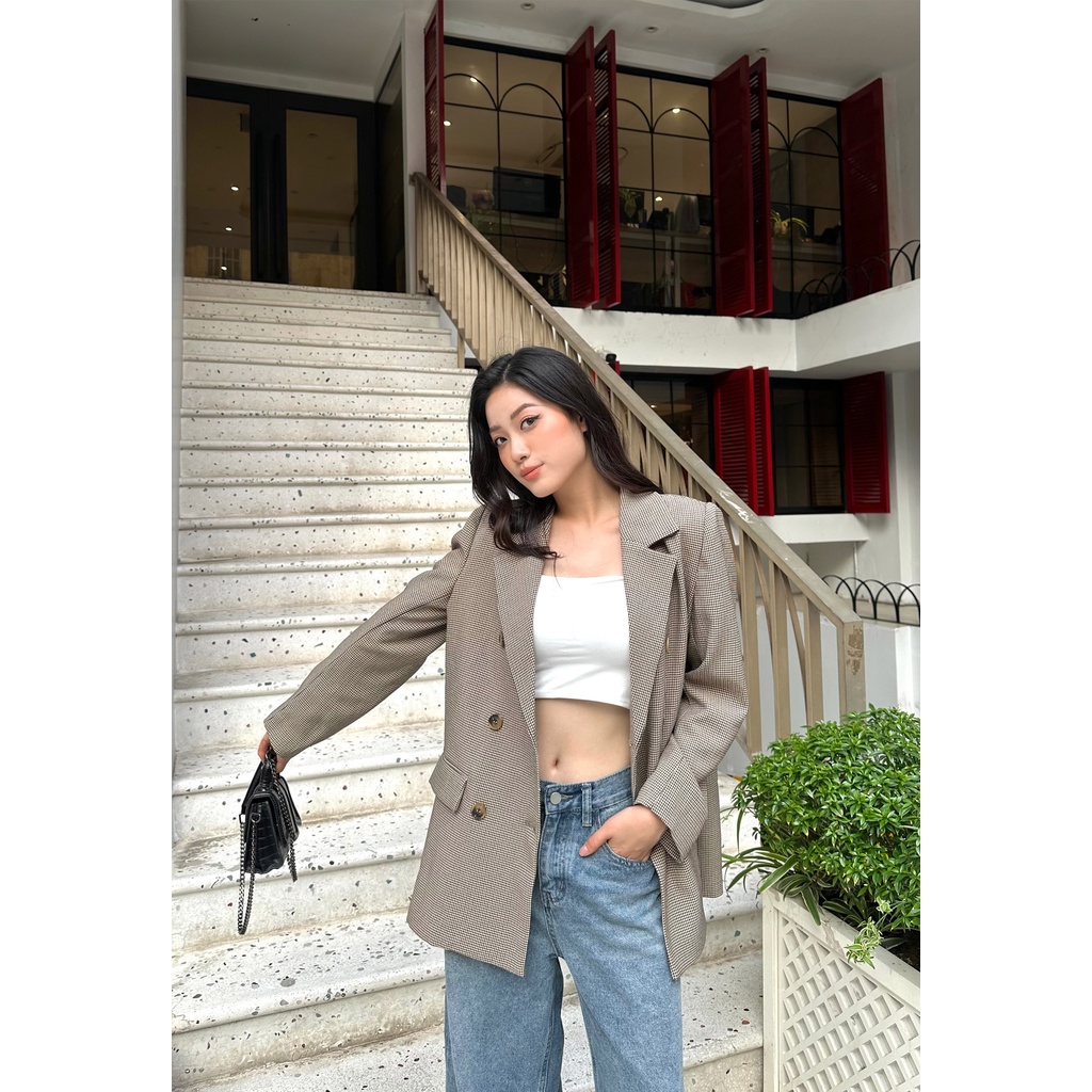 Áo blazer kẻ thanh lịch, Áo blazer dài tay phong cách Hàn Quốc Calie AB058