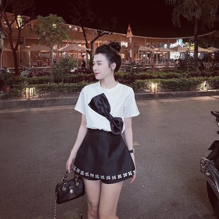 Set áo thun đính nơ mix chân váy tafta viền đá