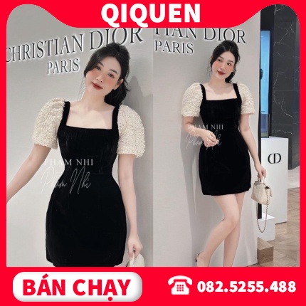 [HÀNG CÓ SẴN]] Váy Nhung Cổ Vuông Tay Ren Hoa Nổi Có Lót Quần Siêu Xinh QIQUEN021