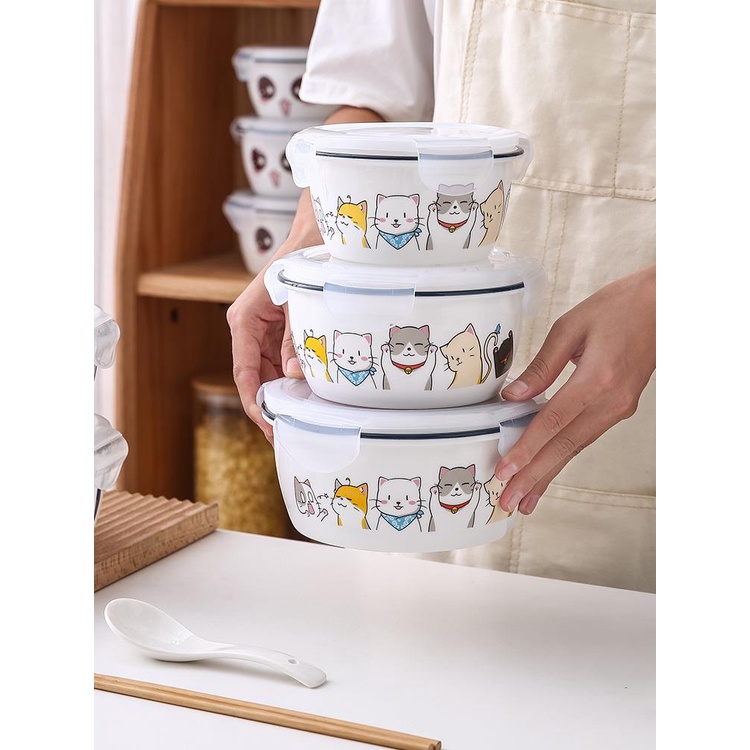 Hộp Đựng Cơm Trưa Bằng Sứ Có Nắp Đậy Cỡ Lớn Họa Tiết Hoạt Hình Dùng Được Trong Lò Vi Sóng