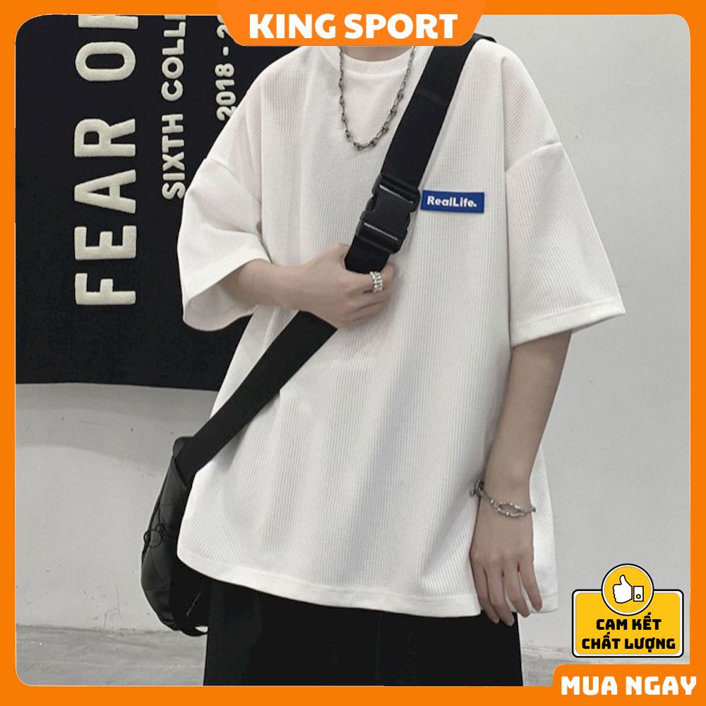 Áo thun tay lỡ form rộng chất cotton tổ ong KING SPORT  Áo phông nam nữ logo cao su REALLIFE cao cấp unisex AT012