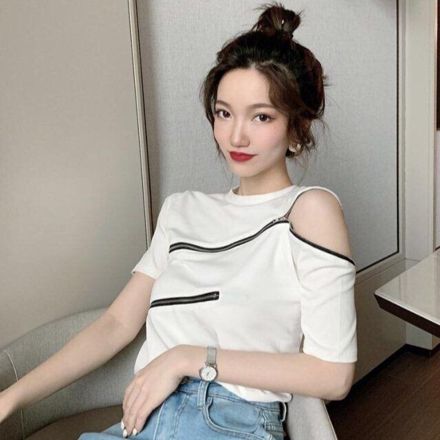 Áo Kiểu Trễ Vai Tay Ngắn Phối Khoá Kéo Thời Trang Mùa Hè Cho Phái Nữ