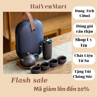 Bộ ấm trà tử sa màu nâu 4 chén chuyên dùng xách tay, đi du lịch, dã ngoại