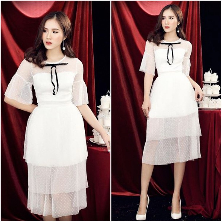 Đầm ren chấm bi 3 tầng tay ống loe VD704