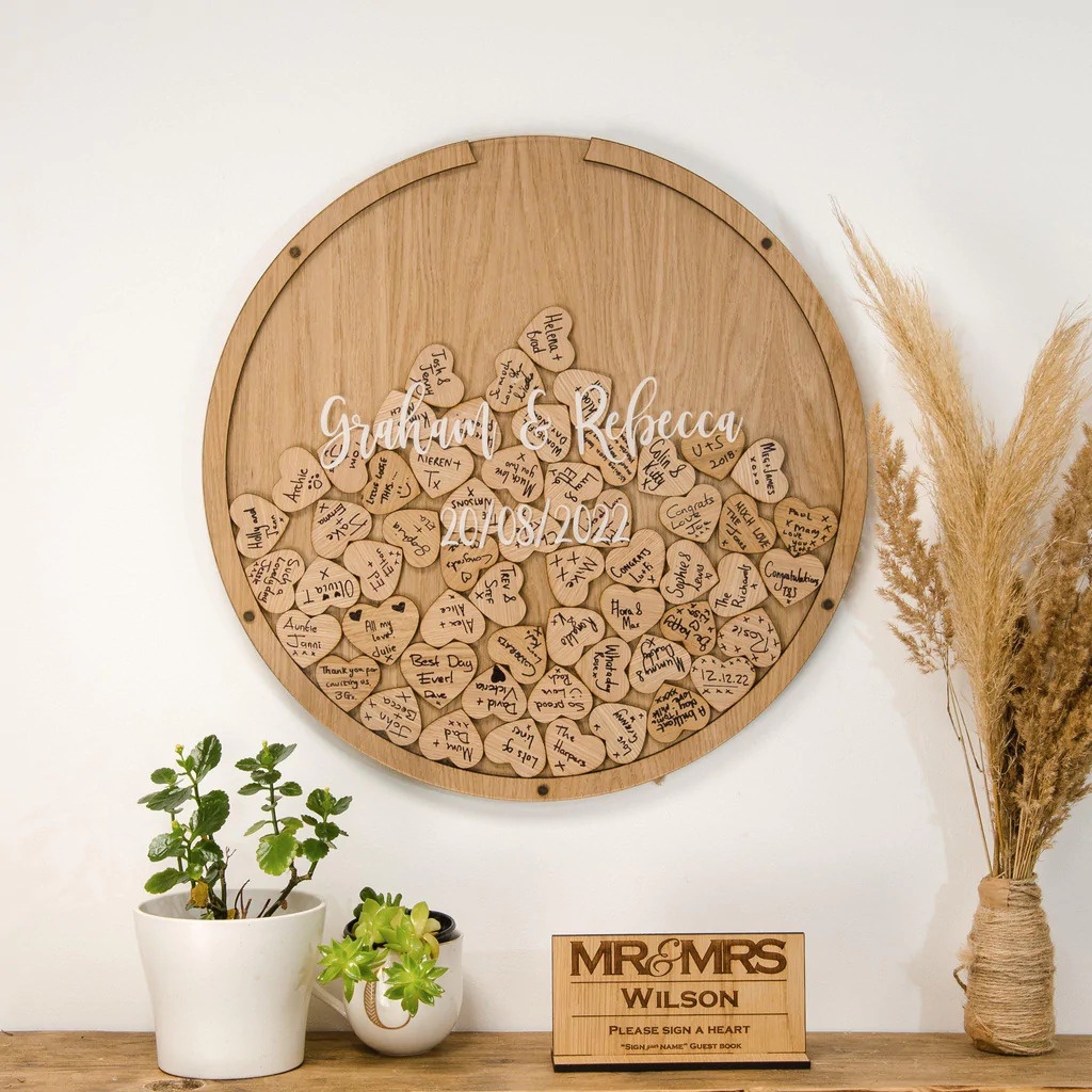 Hộp kí tên thả tim đám cưới, Hộp kí tên trang trí đám cưới hình tròn để bàn đám cưới cô dâu chú rể, Wedding Guest Book