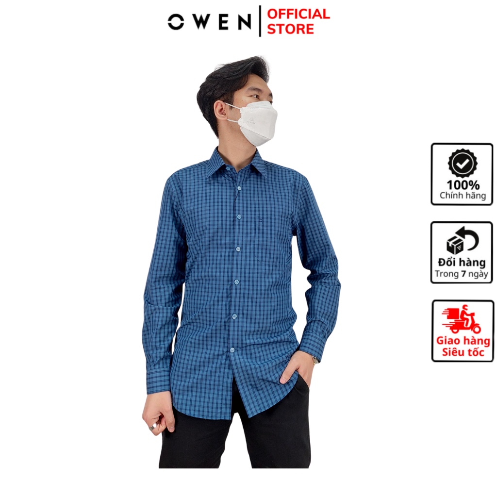 Áo sơ mi dài tay nam OWEN AR230010DT somi công sở vải sợi tre cao cấp màu kẻ caro xanh đậm dáng regular fit tà lượn có t