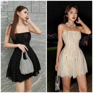 Đầm xoè cúp ngực đính cườm tặng kèm hoa tai thời trang
