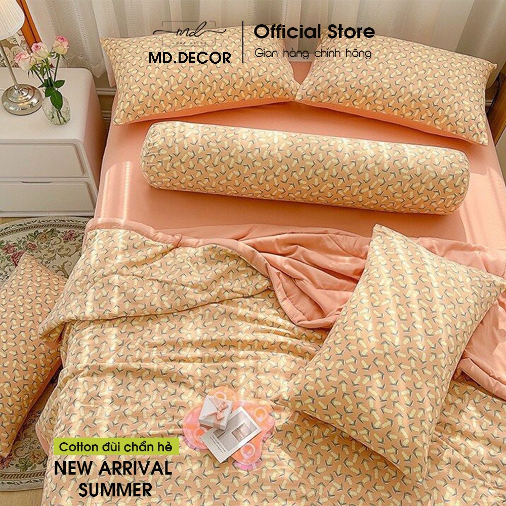 Bộ Chăn Chần Ga Giường Vỏ Gối 5 Món Cotton Đũi MD.DECOR - Bedding Cao Cấp Hoa Lá Đủ Size Nệm M6/M8