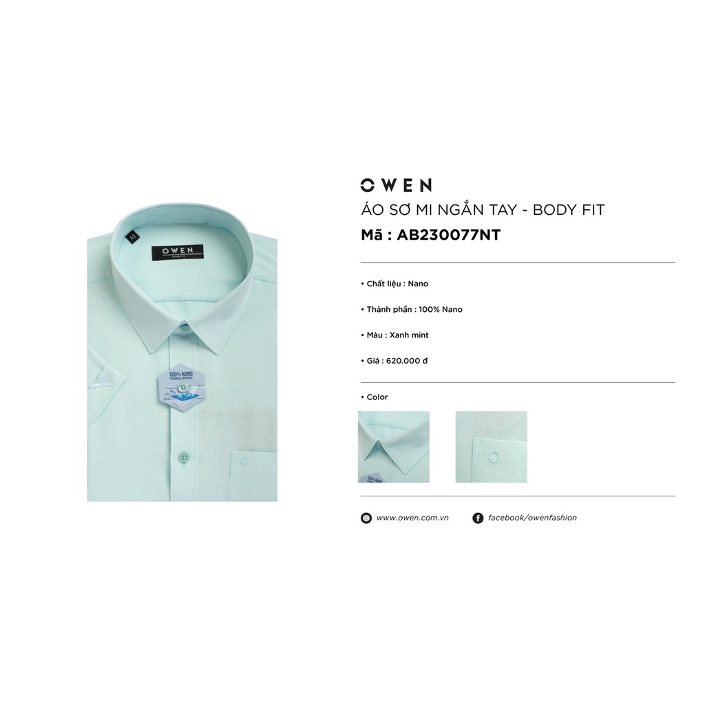 Áo sơ mi owen ngắn tay màu xanh mint body fit vạt ngang vải nano AB230077NT