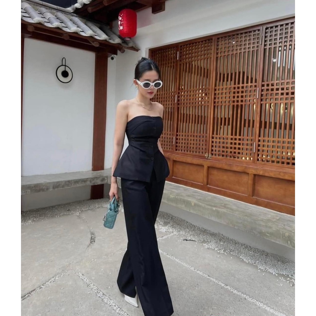 Set áo ống peplum cúp ngực kèm quần suông 2 màu trắng đen Venus Closet - SR215