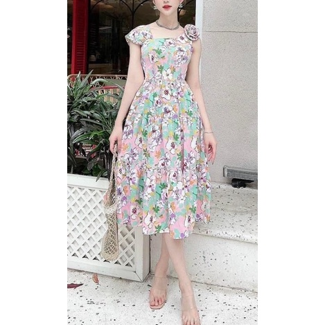 Đầm lụa satin hoa hồng