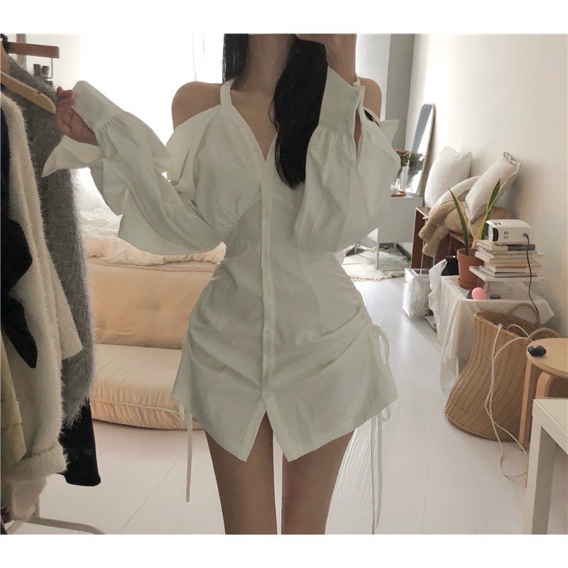 Đầm Sơmi Dài Tay Cổ V Hở Vai Eo Rút Dây Thời Trang Hot TH139