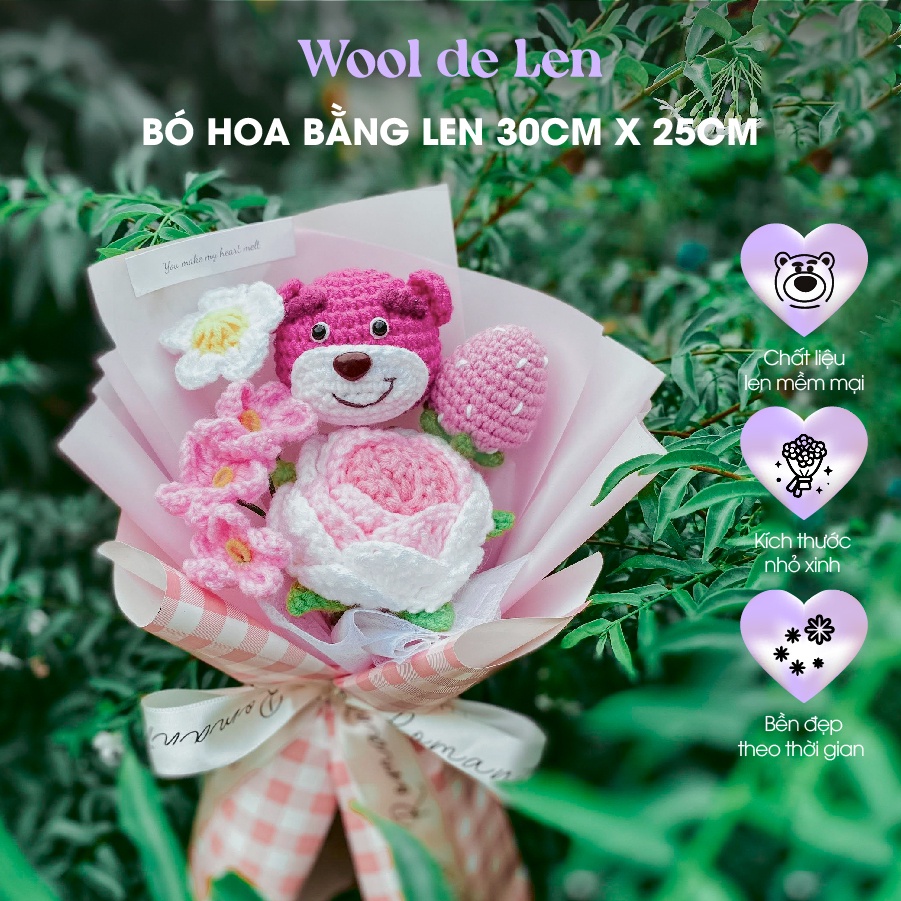 Bó hoa gấu dâu Lotso gói sẵn làm quà lễ tình nhân 35x25cm Wool de Len