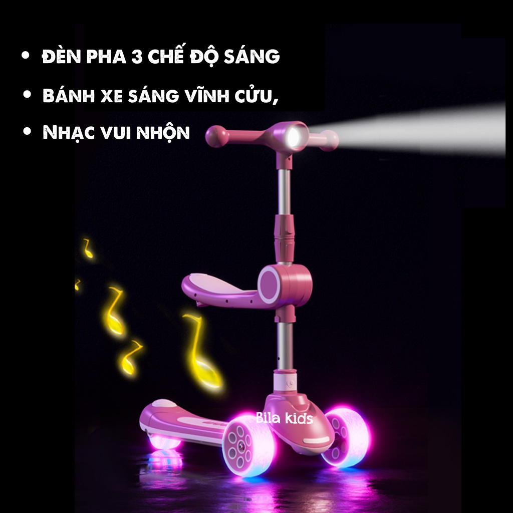 Xe trượt scooter cho bé BILA KIDS có đèn pha nhạc vui nhộn, chòi chân thăng bằng, bánh xe phát sáng vĩnh cửu