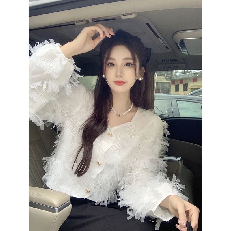 (sẵn trắng L) Áo Sơ Mi Ren Nổi Đính cúc Tay Bo 3 Màu Thời Trang Cho Nữ