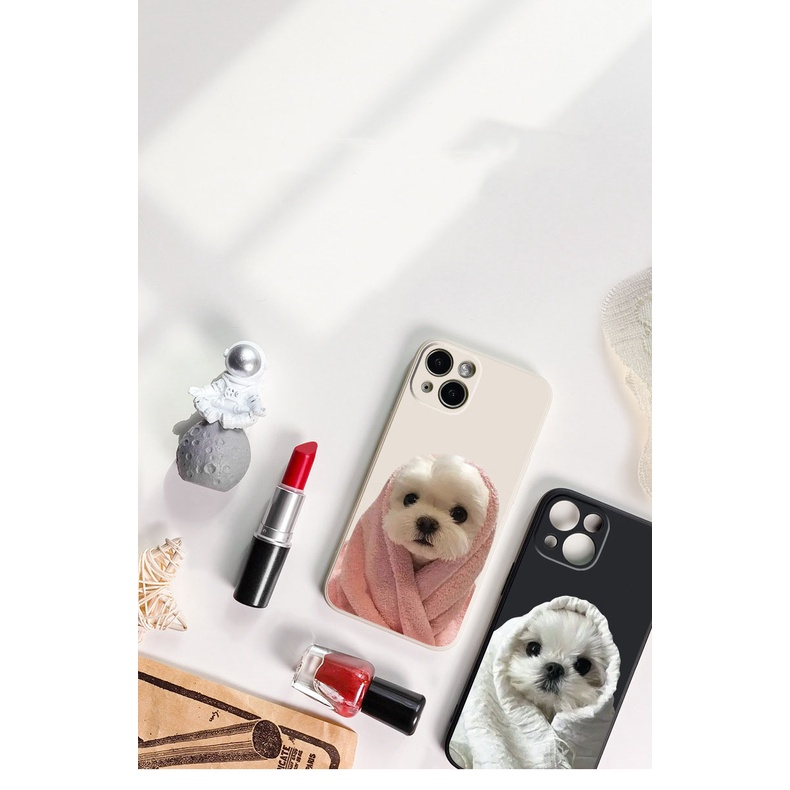 Ốp Iphone chó quấn khăn đáng yêu viền vuông trắng đen cho iphone 6/7/8Plus X XS xr xsmax 11/12/13/14pro promax e3007