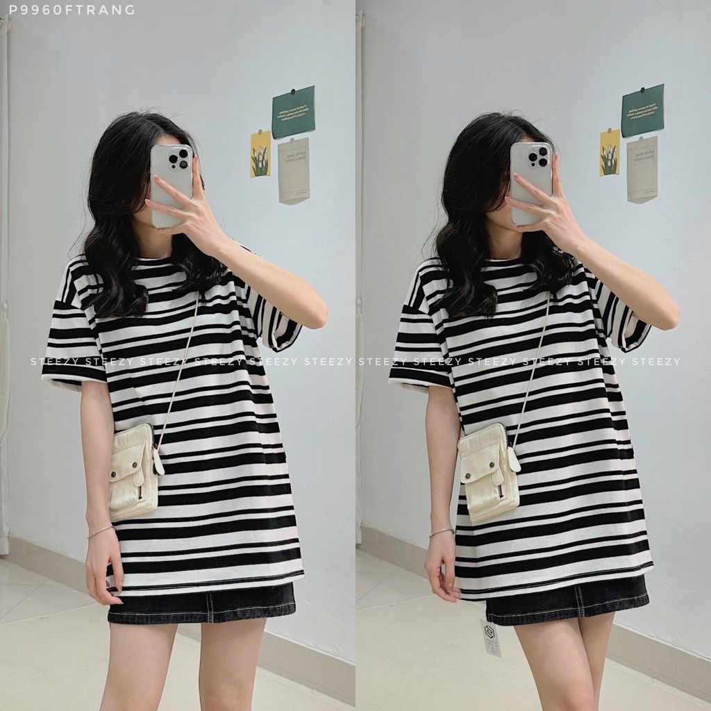 [P9960] Áo phông cotton dày kẻ ngang to nhỏ (Có sẵn/ảnh thật)