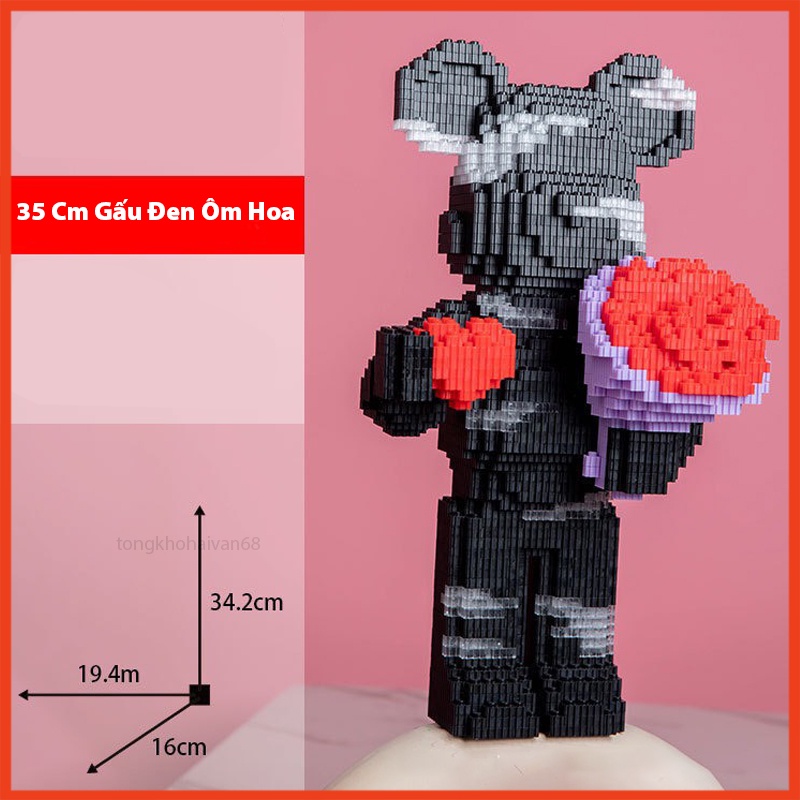 Mô Hình Gấu Bearbrick Cỡ Lớn Ôm Hoa Ôm Bó Hoa 35cm Xếp Hình Đồ Chơi Lắp Ráp Mô Hình Bear Brick 3D Dễ Thương