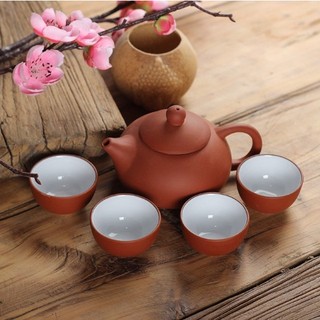 Bộ ấm trà Tử Sa Bát Tràng Phúc Lộc Thọ gốm nâu sang trọng, Bộ ấm chén pha trà tử sa gốm nâu có hộp đựng làm quà tặng