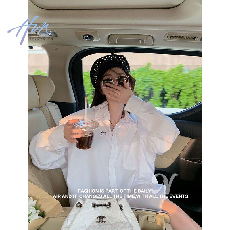 Áo Sơ Mi Trắng Tay Dài Dáng Rộng Thêu Hình Mặt Cười Màu Sắc Đơn Giản Thời Trang Hàn Quốc 2023