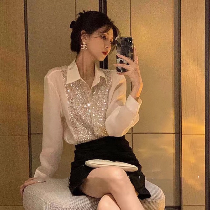 Áo sơ mi vải lụa đính nhũ kim cương,áo sơ mi công sở phong cách sang chảnh thanh lịch nhẹ nhàng