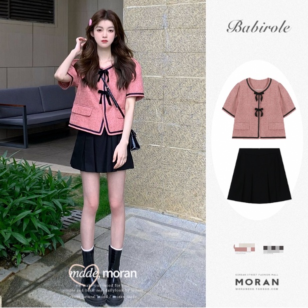 (ORDER) Áo sơ mi MORAN dạ tweed mỏng mùa hè cổ thắt nơ màu hồng điệu đà Hàn Quốc