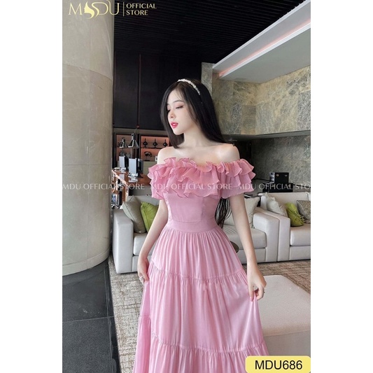 Váy, Đầm maxi hoa tơ cổ bèo cao cấp