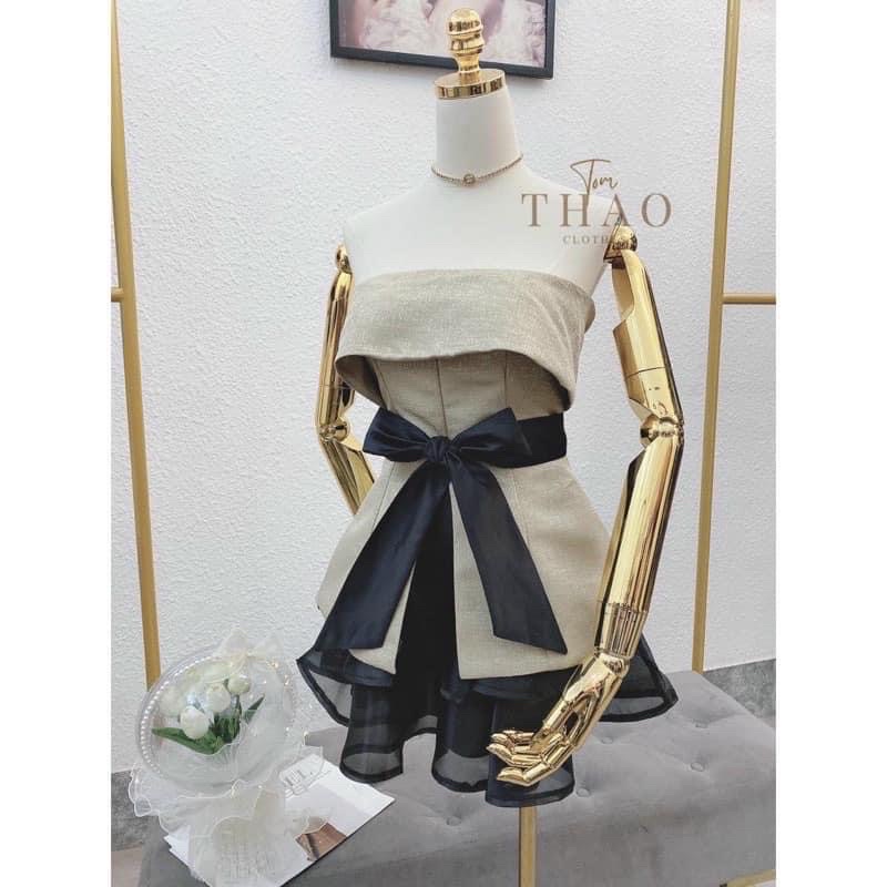 Set áo peplum ống cúp ngực xẻ tà giữa + dây thắt nơ eo + chân váy voan xoè 2 tầng