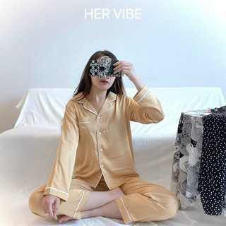 Bộ đồ Pijama lụa màu trơn quần dài tay dài nhiều màu Her Vibe Free size cho nàng 45 - 62 kg