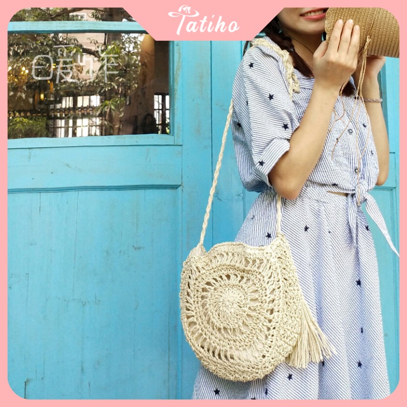 Túi cói đeo chéo Unisex đan hoạ tiết bông hoa nhiều màu thời trang mùa hè phong cách hàng quốc - Mã TC008