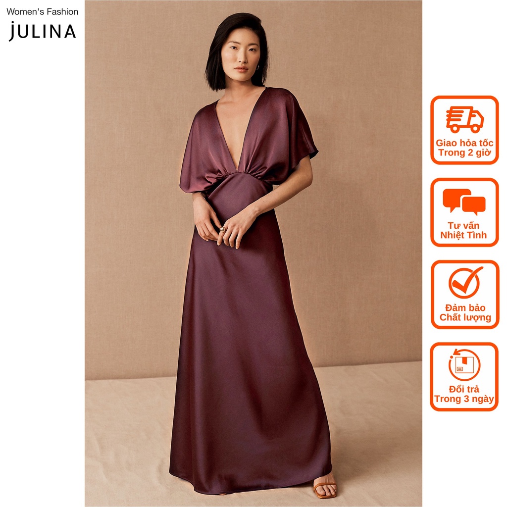 Đầm maxi cổ chữ v satin màu tím đỏ sang trọng dự tiệc Julina (không mác) jf737