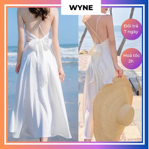 (Sẵn) Đầm maxi đi biển Wyne có nơ thắt sau lưng, Đầm hở lưng hai dây dáng dài tiểu thư